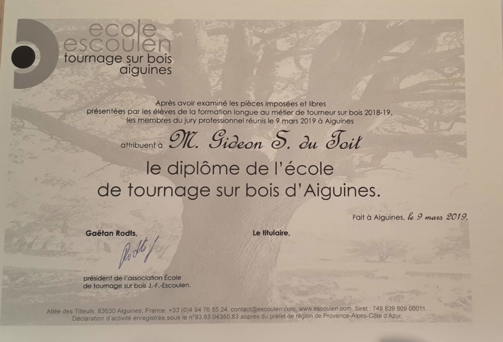 Ecole Escoulen Diploma Wood Turning Diploma